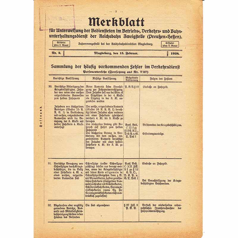 Merkblatt für Unterweisung der Bediensteten, Magdeburg, 15. Februar 1928