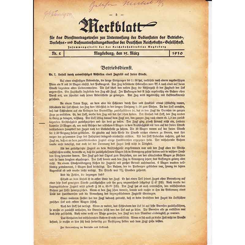 Magdeburg 1930 Merkblatt Dienstvortragswesen