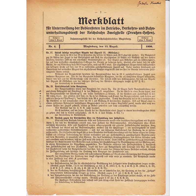 Merkblatt für Unterweisung der Bediensteten, Magdeburg, 15. April 1926