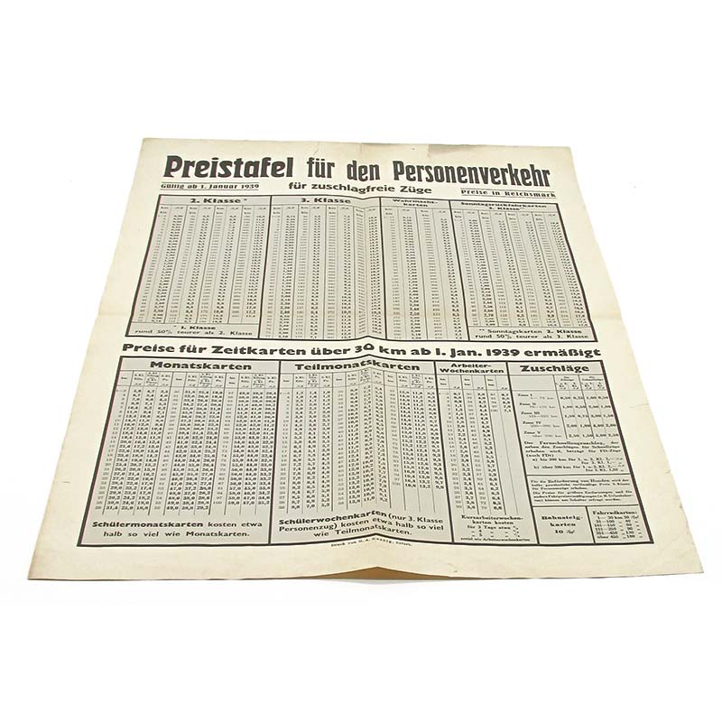 Preistafel für den Personenverkehr 1939 Deutsche Reichsbahn historisches Dokument