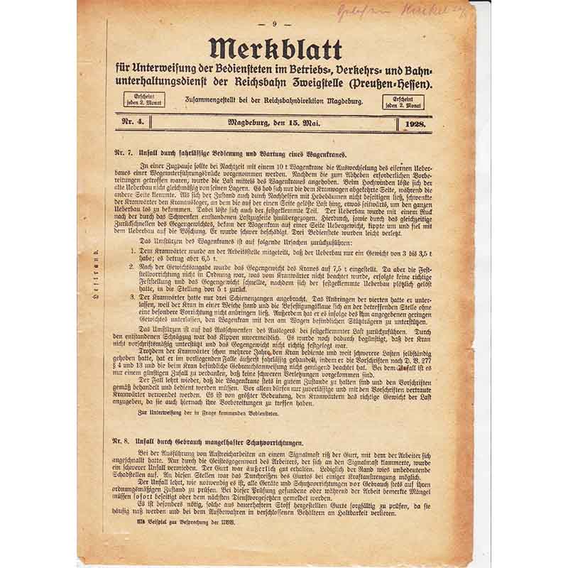 Merkblatt für Unterweisung der Bediensteten, Magdeburg, 15. Mai 1928