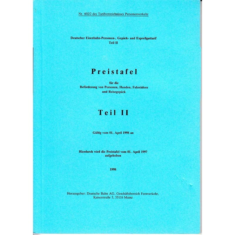 Deutsche Bahn AG - Preistafel Teil II - 1998