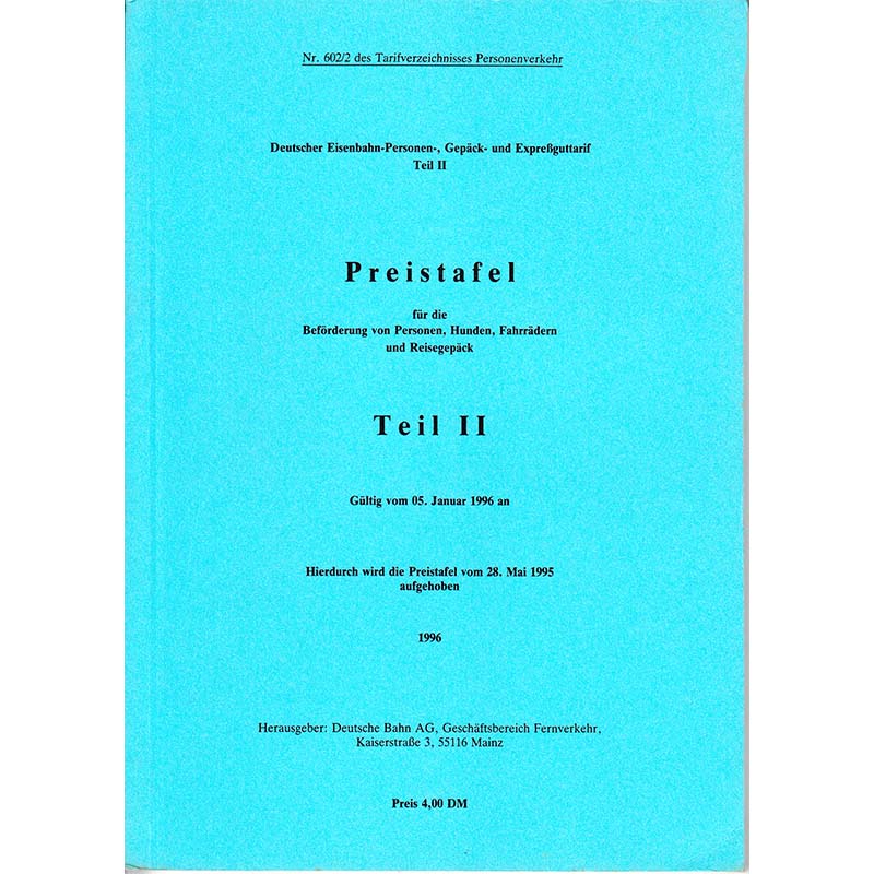 Deutsche Bahn AG - Preistafel Teil II - 1996
