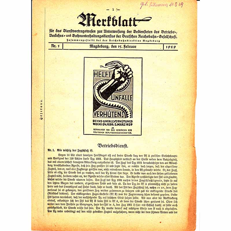Merkblatt Deutsche Reichsbahn 1929 Magdeburg