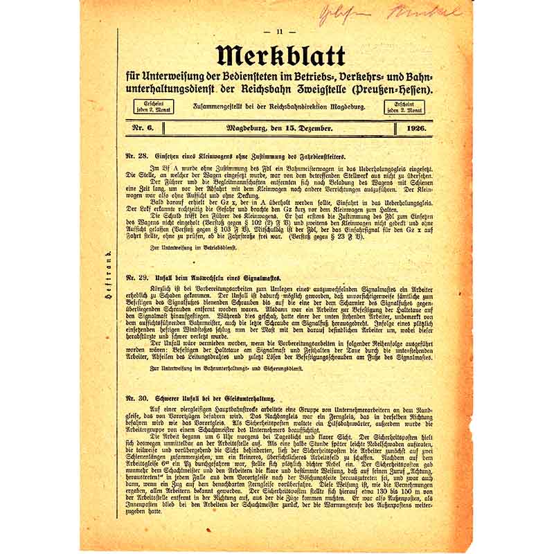 Merkblatt für Unterweisung der Bediensteten der Reichsbahn Zweigstelle Preußen-Hessen, Magdeburg, 15. Dezember 1926