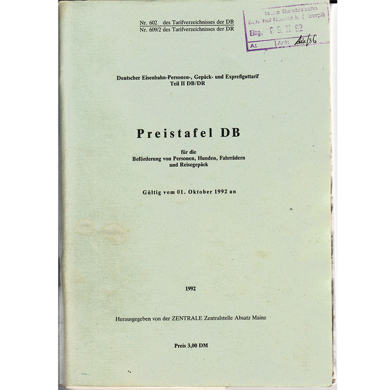 Preistafel DB - 1992 Zentralstelle Absatz Mainz