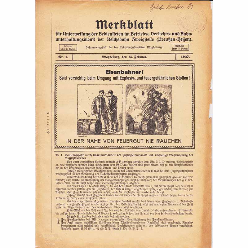 Merkblatt für die Unterweisung der Bediensteten, Magdeburg, 15. Feburar 1927