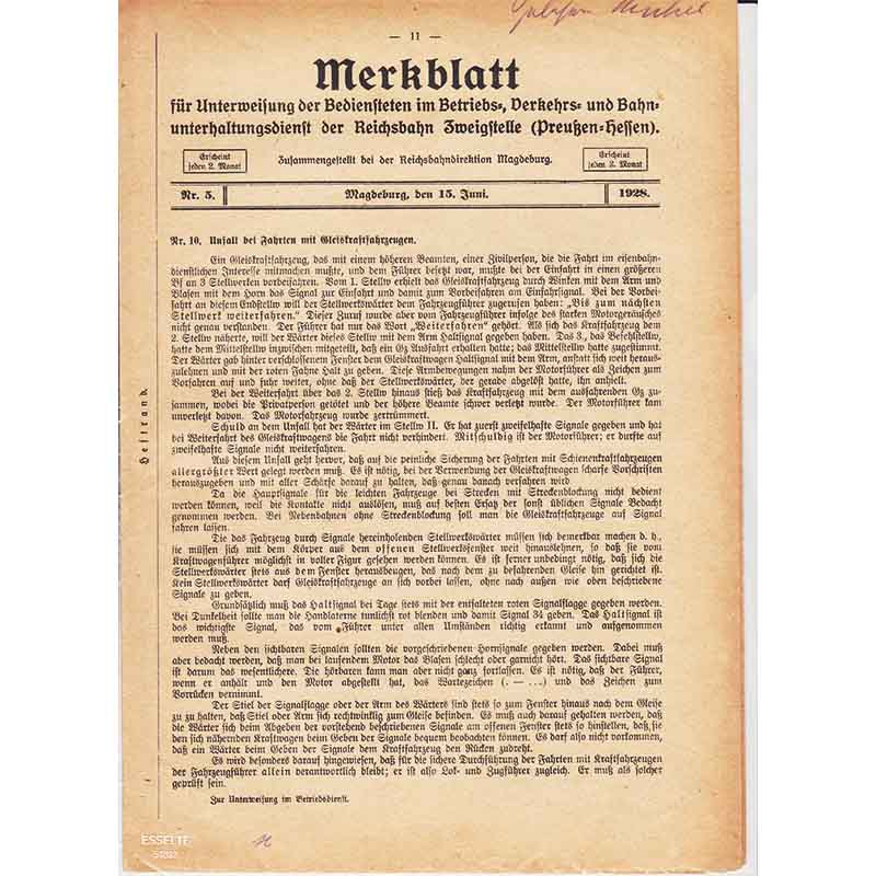 Merkblatt für Unterweisung der Bediensteten, Magdeburg, 15. Juni 1928