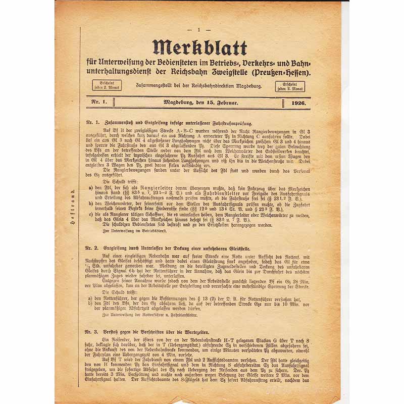 Merkblatt für Unterweisung der Bediensteten, Magdeburg, 15. Feburar 1926