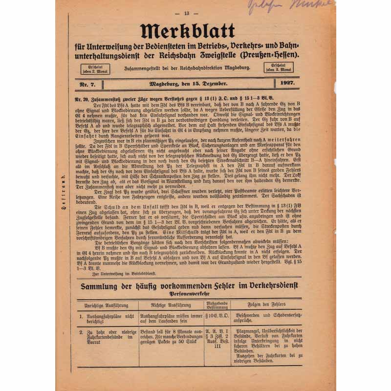 Merkblatt für Unterweisung der Bediensteten, Magdeburg, 15. Dezember, 1927