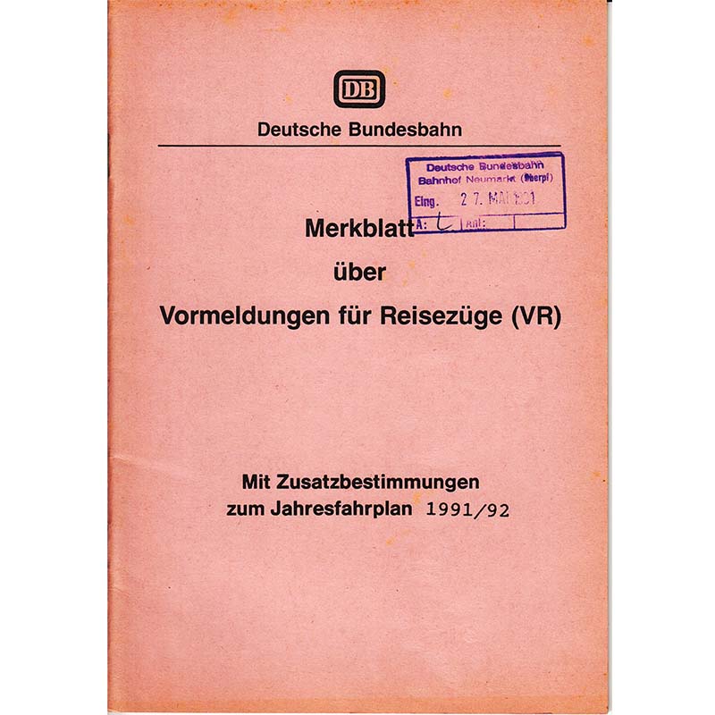 DB Merkblatt über Vormeldungen für Reisezüge 1991