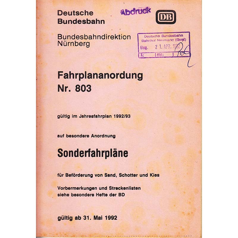 Deutsche Bundesbahn - Fahrplananordnung 803 - 1992